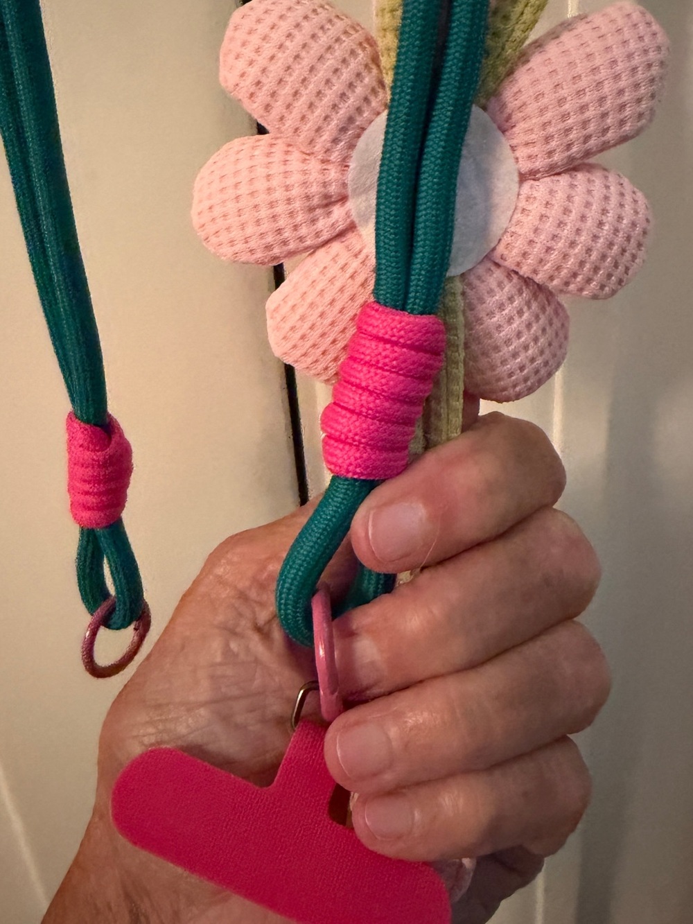 Pink Floral Crochet Phone Case Lanyard with Teal Accent - Picture 6 of 6